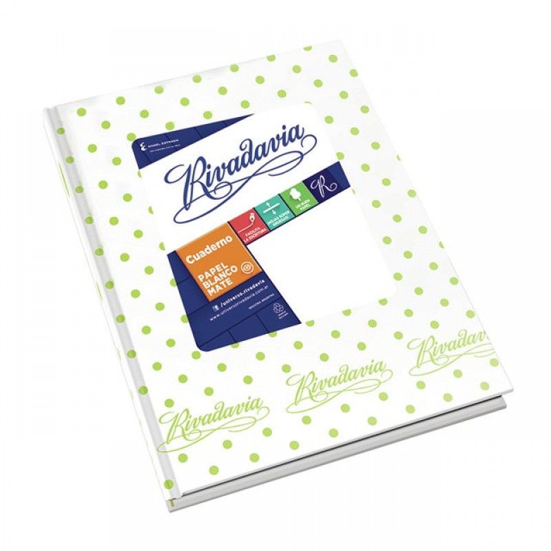 CUADERNO RIVADAVIA 50HJS BLANCO LUNARES VERDE